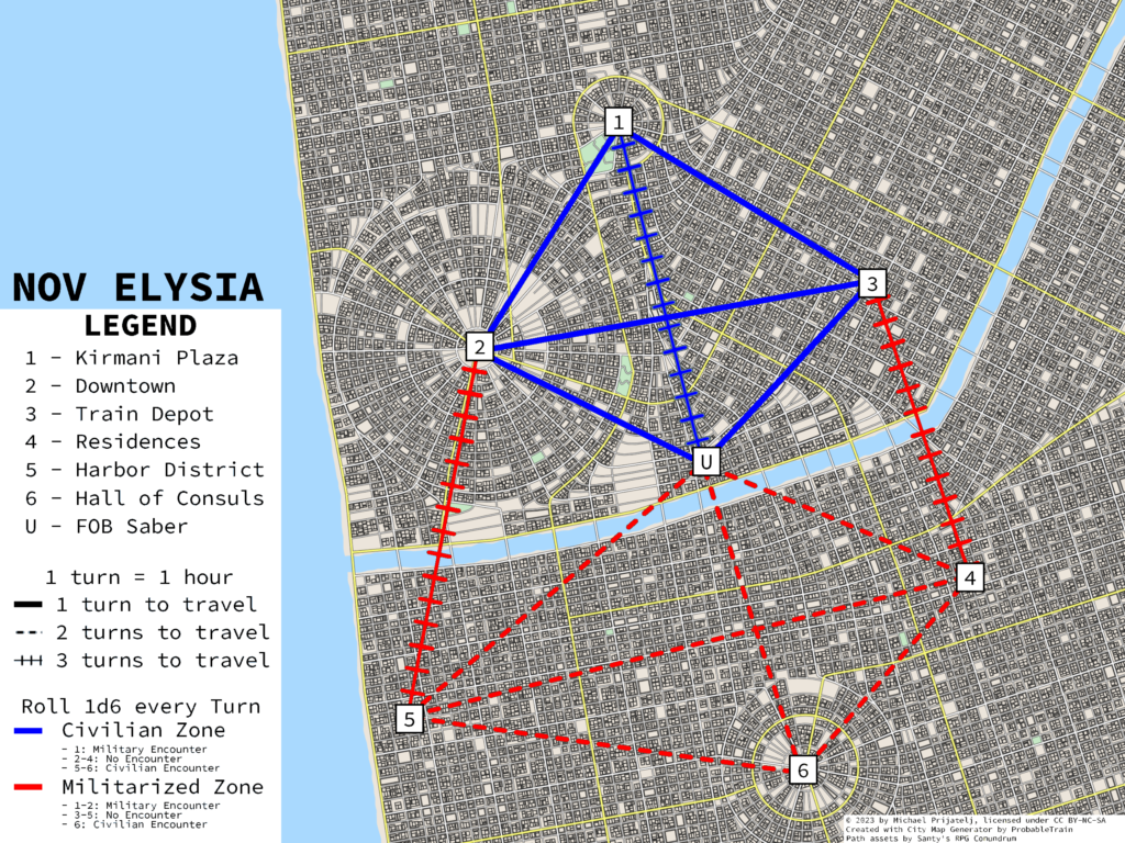 A point map of a randomly generated city, with paths for traveling from one major part of the city to another. Indicates whether a path between points is in a civilian or military area, as well as how long it takes to travel that path.